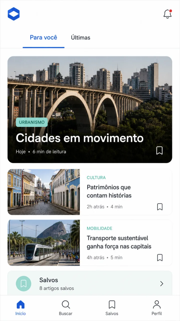 Modelo visual de feed de notícias para um aplicativo editorial